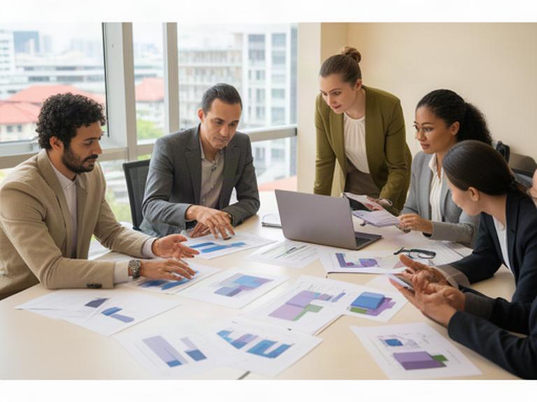 Singapore expense consultants reviewing business cost charts around a bright meeting table