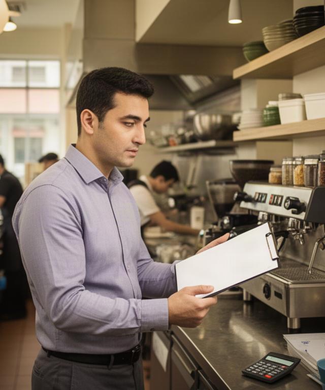 Restaurant manager reviewing outlet costs beside a busy Singapore cafe kitchen