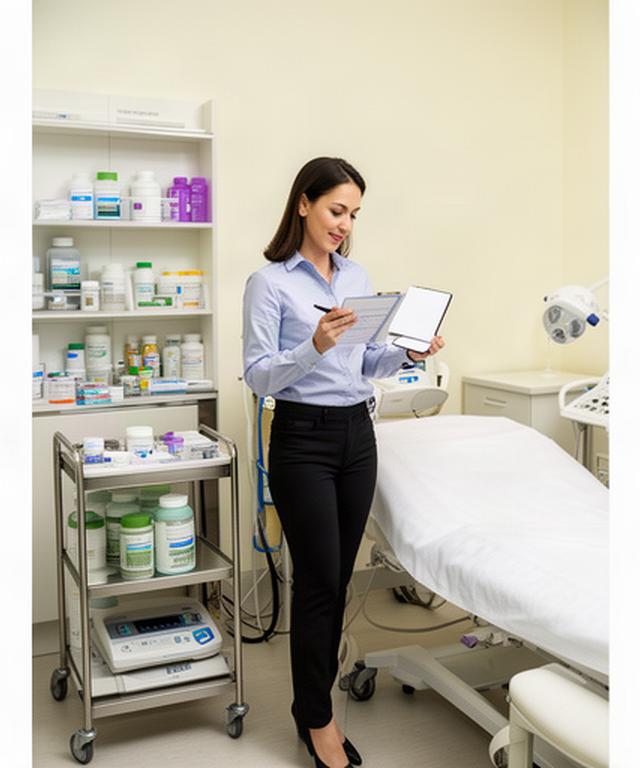 Singapore clinic manager reviewing medical equipment and supply records beside a treatment room