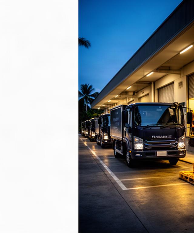 Singapore delivery trucks lined up beside a warehouse loading bay during an evening dispatch
