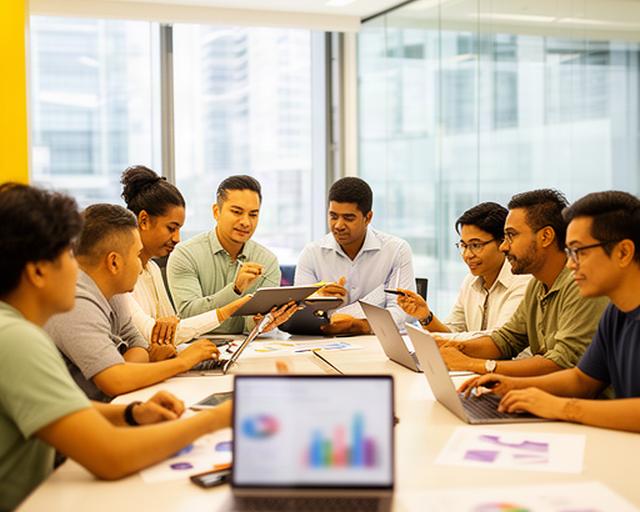Singapore startup finance team reviewing cloud spending and runway charts around a bright meeting table